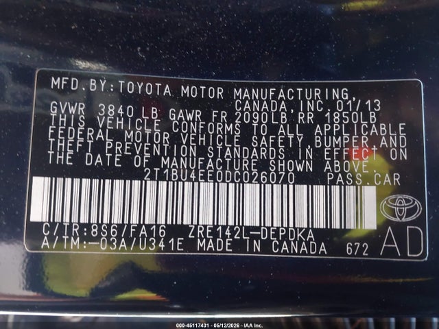 45117431 :رقم المزاد ، 2T1BU4EE0DC026070 vin ، 2013 Toyota Corolla Le Special Edition/s Special Edition مزاد بيع