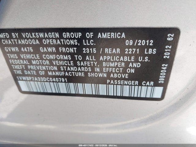 2013 Volkswagen Passat 2.5l Se მანქანა იყიდება აუქციონზე, vin: 1VWBP7A33DC040791, აუქციონის ნომერი: 45117432