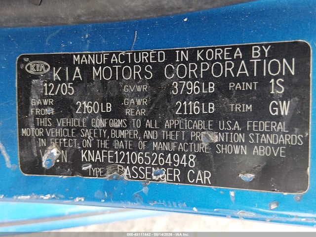 Aukcja sprzedaży 2006 Kia Spectra Ex/lx/sx, vin: KNAFE121065264948, numer aukcji: 45117442