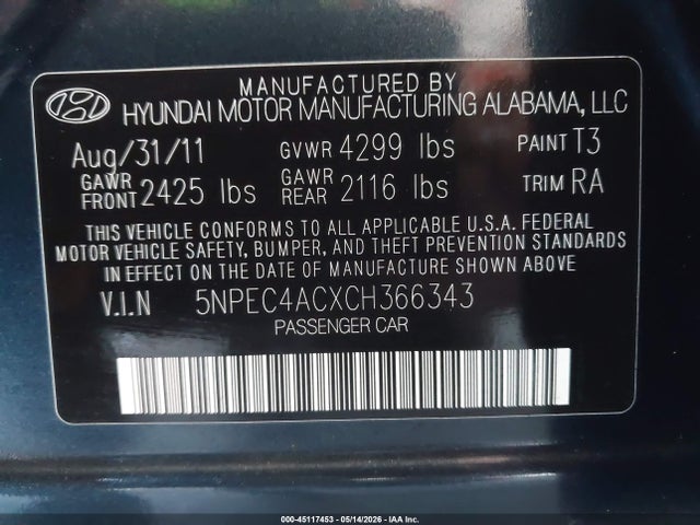 2012 Hyundai Sonata Se მანქანა იყიდება აუქციონზე, vin: 5NPEC4ACXCH366343, აუქციონის ნომერი: 45117453