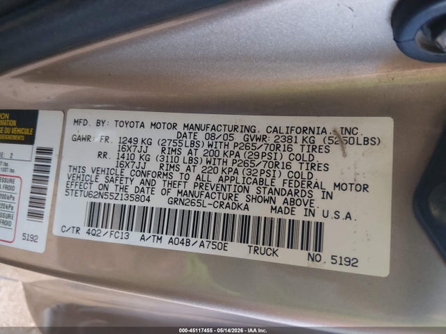 Aukcja sprzedaży 2005 Toyota Tacoma Prerunner V6, vin: 5TETU62N55Z135804, numer aukcji: 45117455