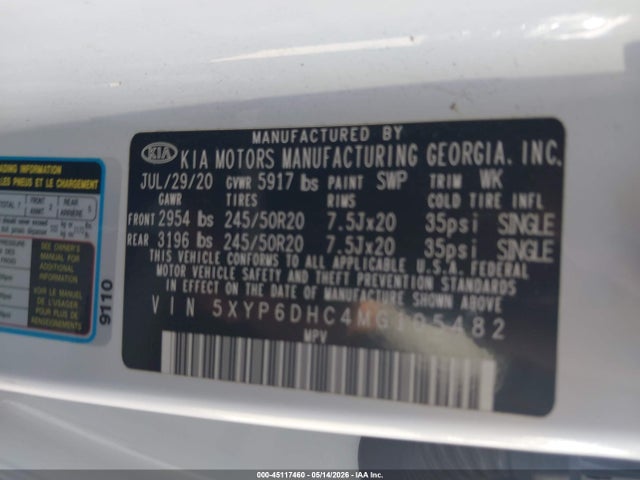 45117460 :رقم المزاد ، 5XYP6DHC4MG105482 vin ، 2021 Kia Telluride S مزاد بيع