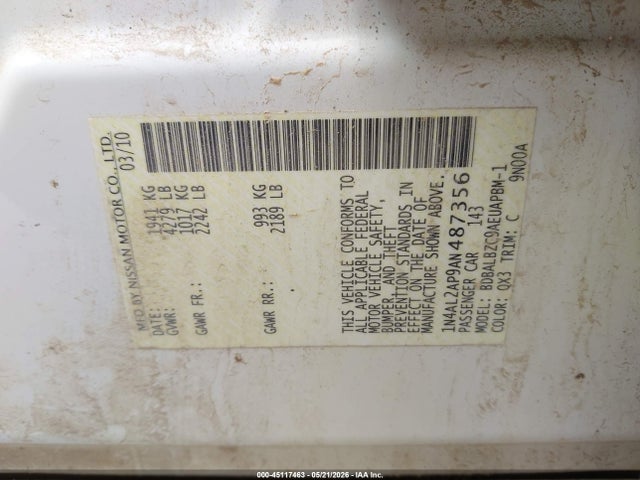 2010 Nissan Altima 2.5 S მანქანა იყიდება აუქციონზე, vin: 1N4AL2AP9AN487356, აუქციონის ნომერი: 45117463