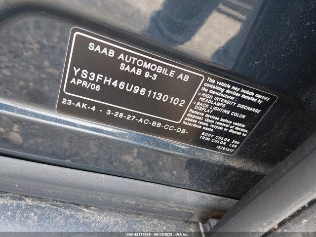 Aukcja sprzedaży 2006 Saab 9-3 Aero, vin: YS3FH46U961130102, numer aukcji: 45117489