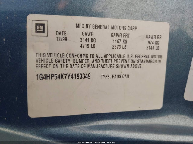Продажа на аукционе авто 2000 Buick Lesabre Custom, vin: 1G4HP54K7Y4193349, номер лота: 45117499