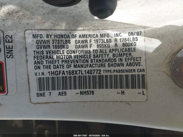 45117507 :رقم المزاد ، 1HGFA168X7L140772 vin ، 2007 Honda Civic Ex مزاد بيع