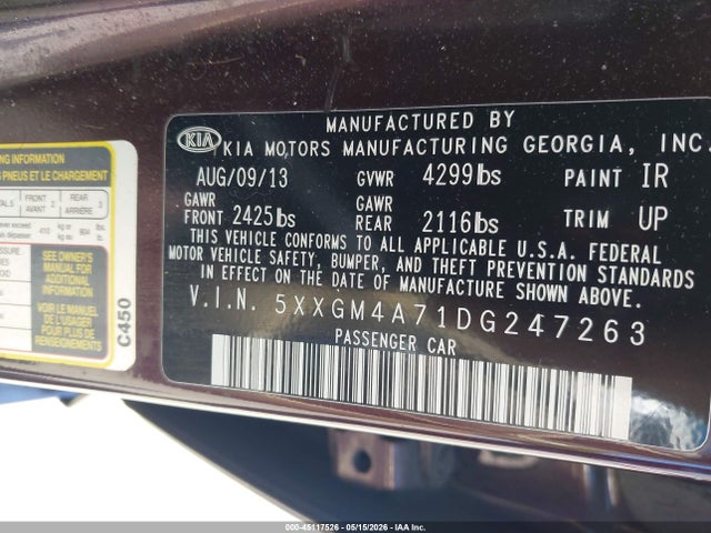 Aukcja sprzedaży 2013 Kia Optima Lx, vin: 5XXGM4A71DG247263, numer aukcji: 45117526