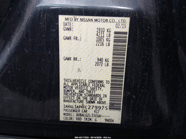 Продажа на аукционе авто 2015 Nissan Altima 2.5/2.5 S/2.5 Sl/2.5 Sv, vin: 1N4AL3AP4FC279975, номер лота: 45117529