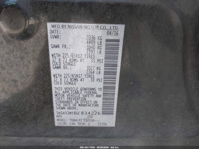 2016 Nissan Rogue S მანქანა იყიდება აუქციონზე, vin: 5N1AT2MT8GC834226, აუქციონის ნომერი: 45117530