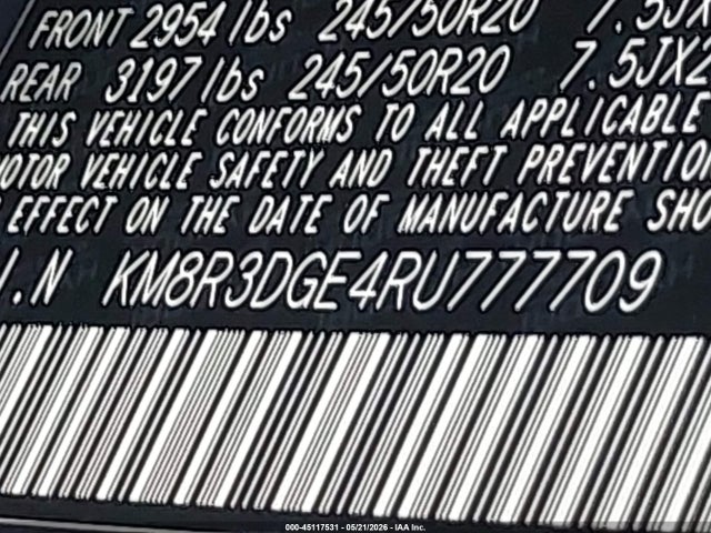 45117531 :رقم المزاد ، KM8R3DGE4RU777709 vin ، 2024 Hyundai Palisade Xrt مزاد بيع
