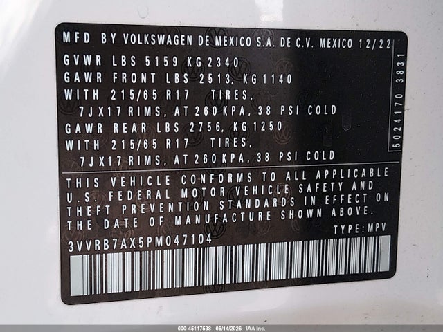 3VVRB7AX5PM047104 Volkswagen Tiguan 2.0t S
