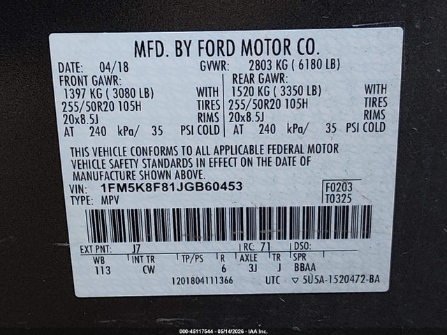 1FM5K8F81JGB60453 Ford Explorer Limited