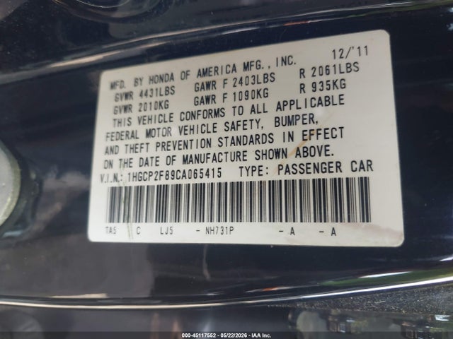 Aukcja sprzedaży 2012 Honda Accord 2.4 Ex-l, vin: 1HGCP2F89CA065415, numer aukcji: 45117552