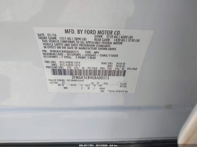 Aukcja sprzedaży 2016 Ford Flex Sel, vin: 2FMGK5C84GBA00515, numer aukcji: 45117561