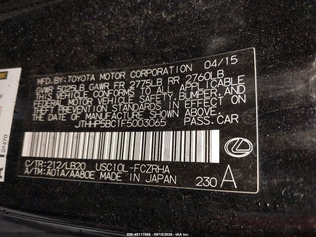 2015 Lexus Rc F მანქანა იყიდება აუქციონზე, vin: JTHHP5BC1F5003065, აუქციონის ნომერი: 45117566