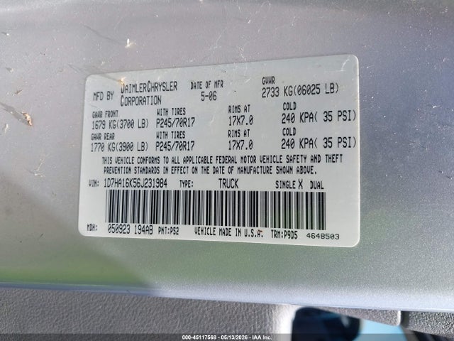 45117568 :رقم المزاد ، 1D7HA16K56J231984 vin ، 2006 Dodge Ram 1500 St مزاد بيع