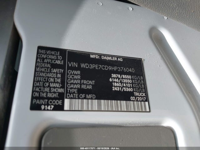 Aukcja sprzedaży 2017 Mercedes-benz Sprinter 2500 Standard Roof V6, vin: WD3PE7CD9HP376040, numer aukcji: 45117571