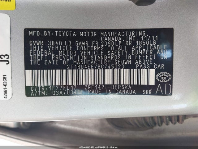 Aukcja sprzedaży 2011 Toyota Corolla S, vin: 2T1BU4EE7BC745023, numer aukcji: 45117575