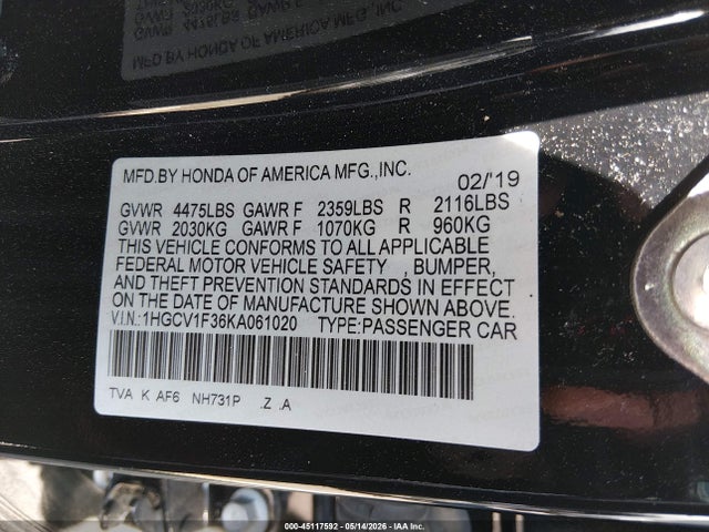 Продаж на аукціоні авто 2019 Honda Accord Sport, vin: 1HGCV1F36KA061020, номер лоту: 45117592