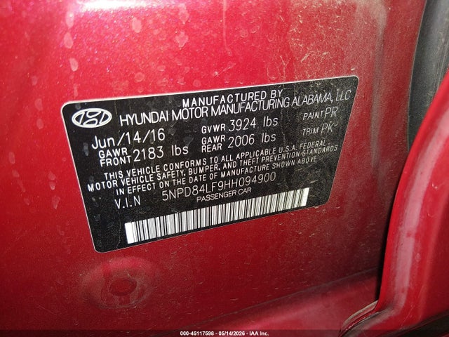 45117598 :رقم المزاد ، 5NPD84LF9HH094900 vin ، 2017 Hyundai Elantra Se مزاد بيع