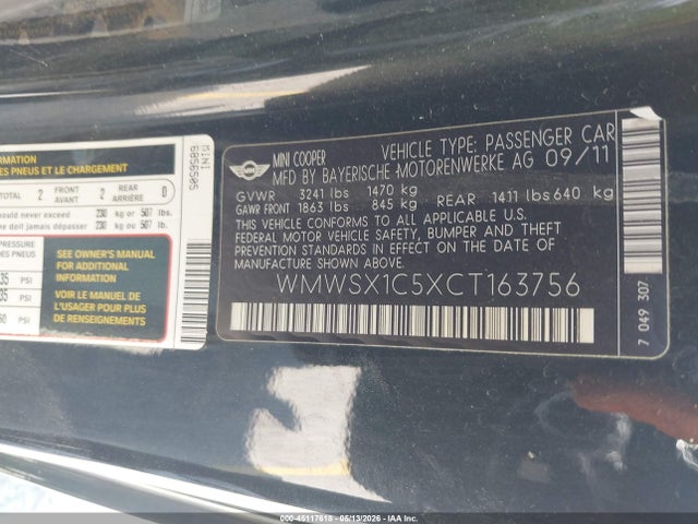 Продажа на аукционе авто 2012 Mini Cooper, vin: WMWSX1C5XCT163756, номер лота: 45117618