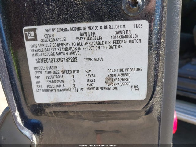 45117648 :رقم المزاد ، 3GNEC13T33G183202 vin ، 2003 Chevrolet Avalanche 1500 مزاد بيع