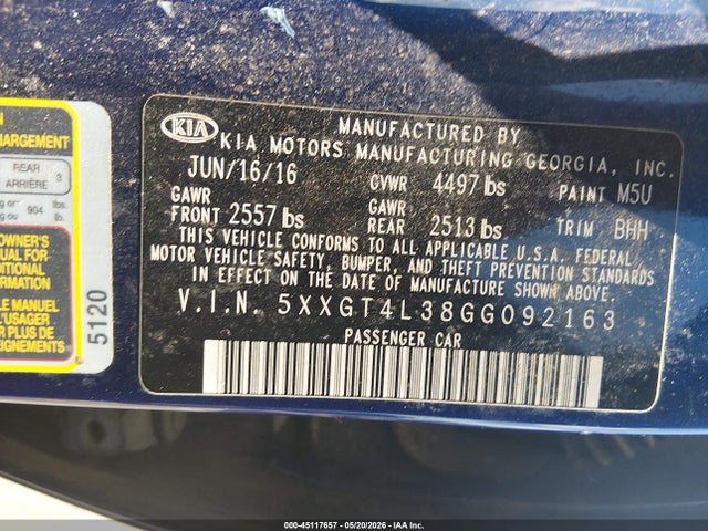 Aukcja sprzedaży 2016 Kia Optima Lx, vin: 5XXGT4L38GG092163, numer aukcji: 45117657