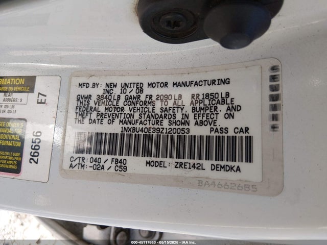 2009 Toyota Corolla მანქანა იყიდება აუქციონზე, vin: 1NXBU40E39Z120053, აუქციონის ნომერი: 45117660