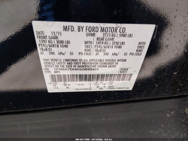 1FM5K7DH5GGB95423 Ford EXPLORER XLT