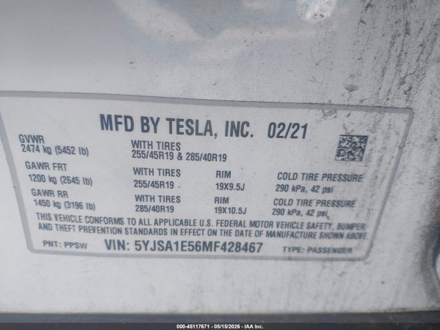 Aukcja sprzedaży 2021 Tesla Model S Long Range Dual Motor All-wheel Drive, vin: 5YJSA1E56MF428467, numer aukcji: 45117671