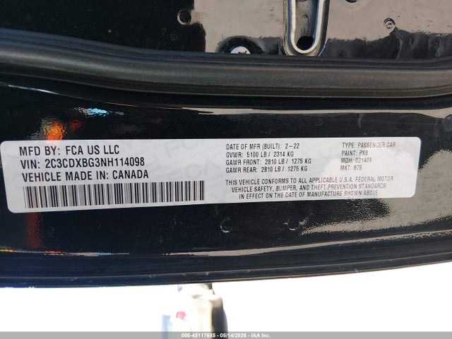 45117685 :رقم المزاد ، 2C3CDXBG3NH114098 vin ، 2022 Dodge Charger Sxt Rwd مزاد بيع