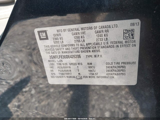 45117686 :رقم المزاد ، 2GNFLFE36D6426206 vin ، 2013 Chevrolet Equinox Ltz مزاد بيع