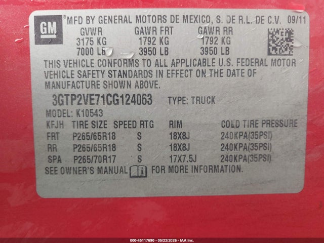 Продаж на аукціоні авто 2012 Gmc Sierra 1500 Sle, vin: 3GTP2VE71CG124063, номер лоту: 45117690