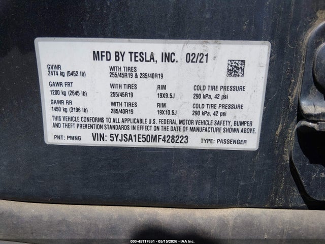Продажа на аукционе авто 2021 Tesla Model S Long Range Dual Motor All-wheel Drive, vin: 5YJSA1E50MF428223, номер лота: 45117691