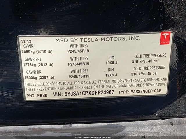 Продажа на аукционе авто 2013 Tesla Model S Performance, vin: 5YJSA1CPXDFP24967, номер лота: 45117696