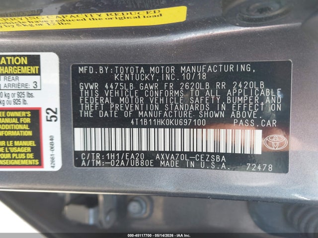 Aukcja sprzedaży 2019 Toyota Camry Se, vin: 4T1B11HK0KU697100, numer aukcji: 45117700
