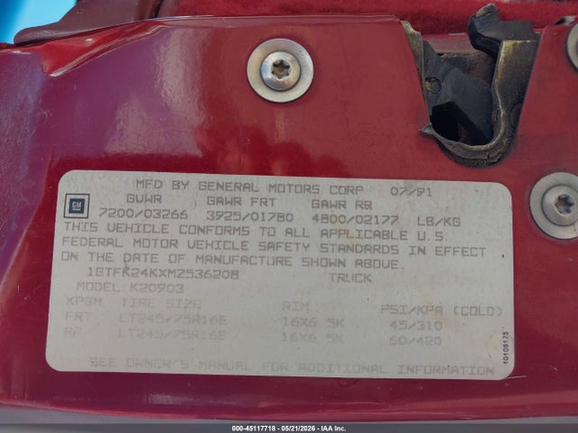 45117718 :رقم المزاد ، 1GTFK24KXMZ536208 vin ، 1991 Gmc Sierra K2500 مزاد بيع