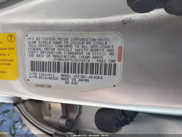 Aukcja sprzedaży 2001 Lexus Ls 430, vin: JTHBN30F910045874, numer aukcji: 45117731