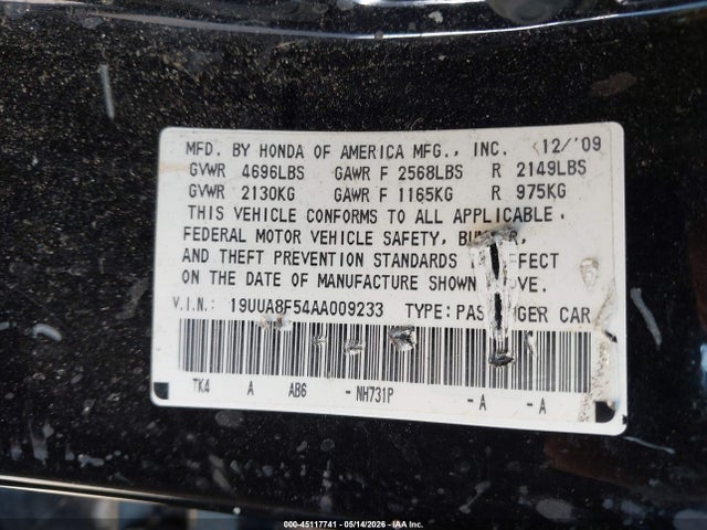 45117741 :رقم المزاد ، 19UUA8F54AA009233 vin ، 2010 Acura Tl 3.5 مزاد بيع