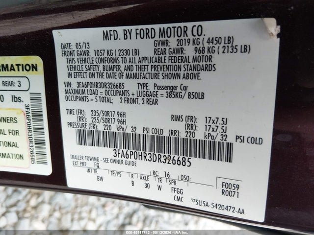 45117742 :رقم المزاد ، 3FA6P0HR3DR326685 vin ، 2013 Ford Fusion Se مزاد بيع