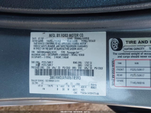 2010 Mercury Milan Premier მანქანა იყიდება აუქციონზე, vin: 3MEHM0JA9AR618593, აუქციონის ნომერი: 45117746