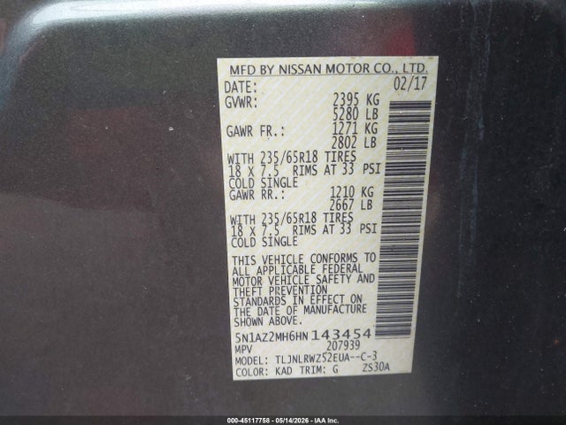 45117758 :رقم المزاد ، 5N1AZ2MH6HN143454 vin ، 2017 Nissan Murano Sl مزاد بيع