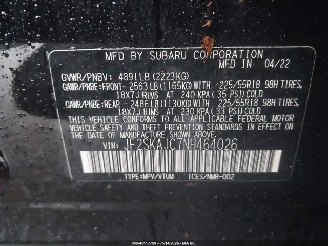 2022 Subaru Forester Sport მანქანა იყიდება აუქციონზე, vin: JF2SKAJC7NH464026, აუქციონის ნომერი: 45117759