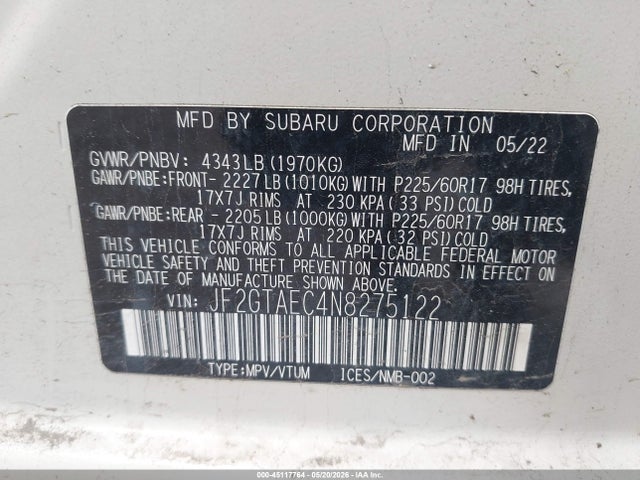 2022 Subaru Crosstrek Premium მანქანა იყიდება აუქციონზე, vin: JF2GTAEC4N8275122, აუქციონის ნომერი: 45117764