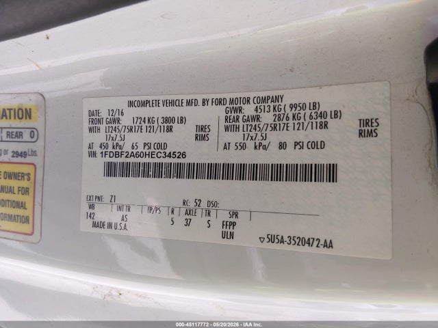 Aukcja sprzedaży 2017 Ford F-250 Xl, vin: 1FDBF2A60HEC34526, numer aukcji: 45117772