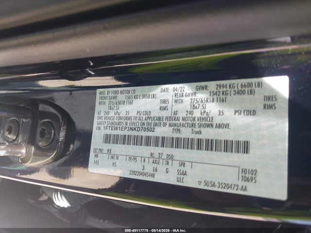 Ford F-150 Lariat 2022 1FTEW1EP3NKD70502 Image 9