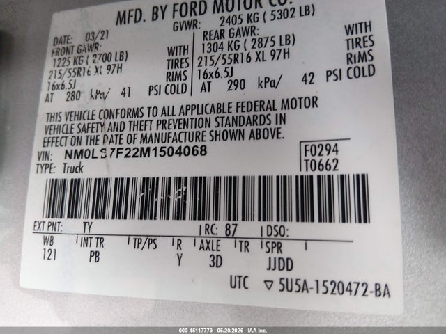 Aukcja sprzedaży 2021 Ford Transit Connect Xlt, vin: NM0LS7F22M1504068, numer aukcji: 45117779