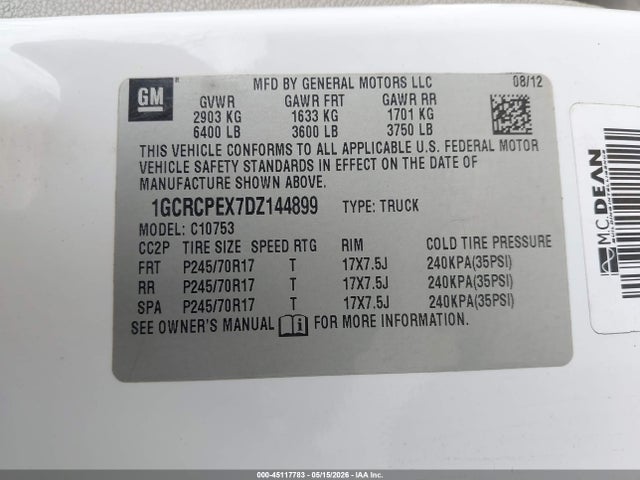 45117783 :رقم المزاد ، 1GCRCPEX7DZ144899 vin ، 2013 Chevrolet Silverado 1500 Work Truck مزاد بيع