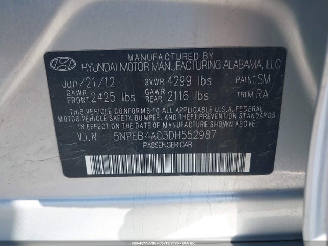 Aukcja sprzedaży 2013 Hyundai Sonata Gls, vin: 5NPEB4AC3DH552987, numer aukcji: 45117795