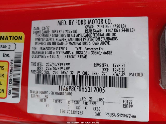 45117814 :رقم المزاد ، 1FA6P8CF0H5312005 vin ، 2017 Ford Mustang Gt مزاد بيع